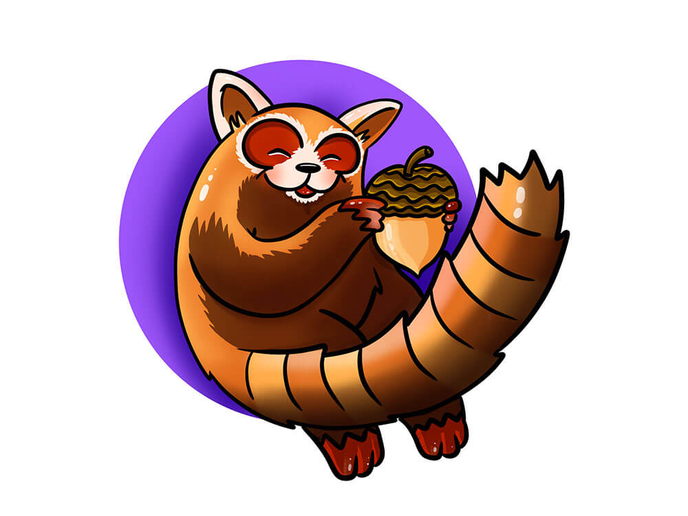 Off-white background with a lavender circle behind a cartoon Red Panda with a cutie pattootie smile and handing a acorn to an off-screen friend.