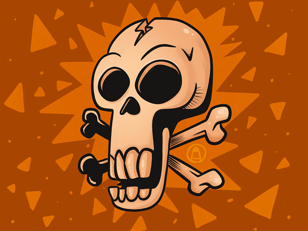 Burnt orange background with a triangular explosion just behind a yellow-ish highly stylized skull, surrounded by thick lettering spelling Art and Law on either side of the skull.