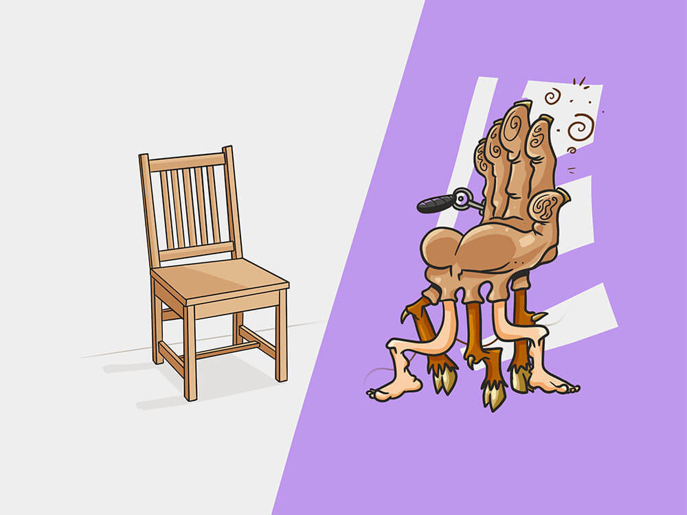 A white and purple split background with two chairs. Over the white is a normal wooden kitchen table chair. Standard, nothing special. Over the purple is an imaginary chair that looks like a hand, with three goat-like legs, and 2 human-like legs. The thumb and a mechanical arm are the 