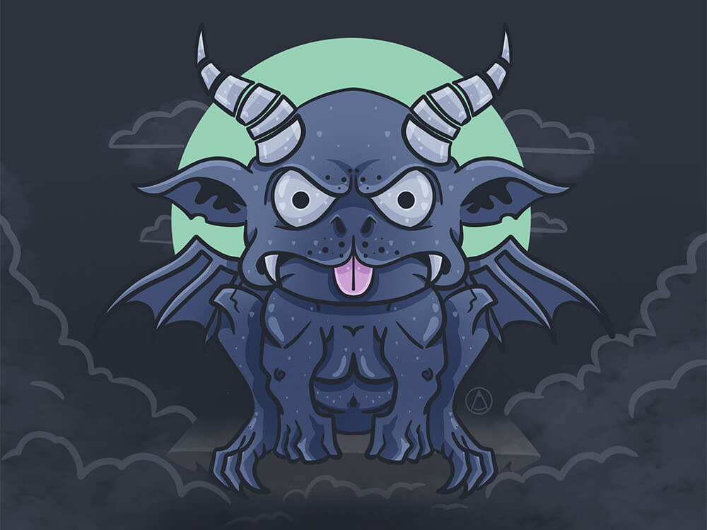 A small, unsettling symmetric gargoyle sitting atop a small column high above the skyline and clouds. Backlit by the moon, their pink tongue is sticking out, their eyes slight askew.