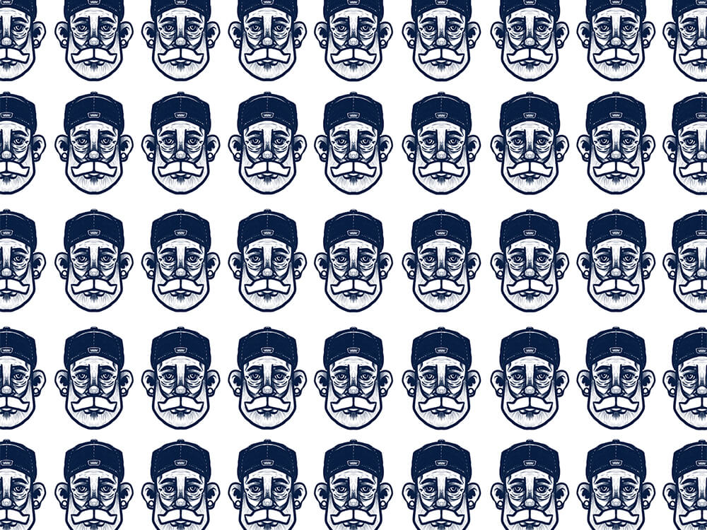 Repeating self-portrait illustration of the artist, James Mathias. Each instance identical, drawn in a deep navy blue on a field of white. An older white man with full beard, and a backwards baseball cap.