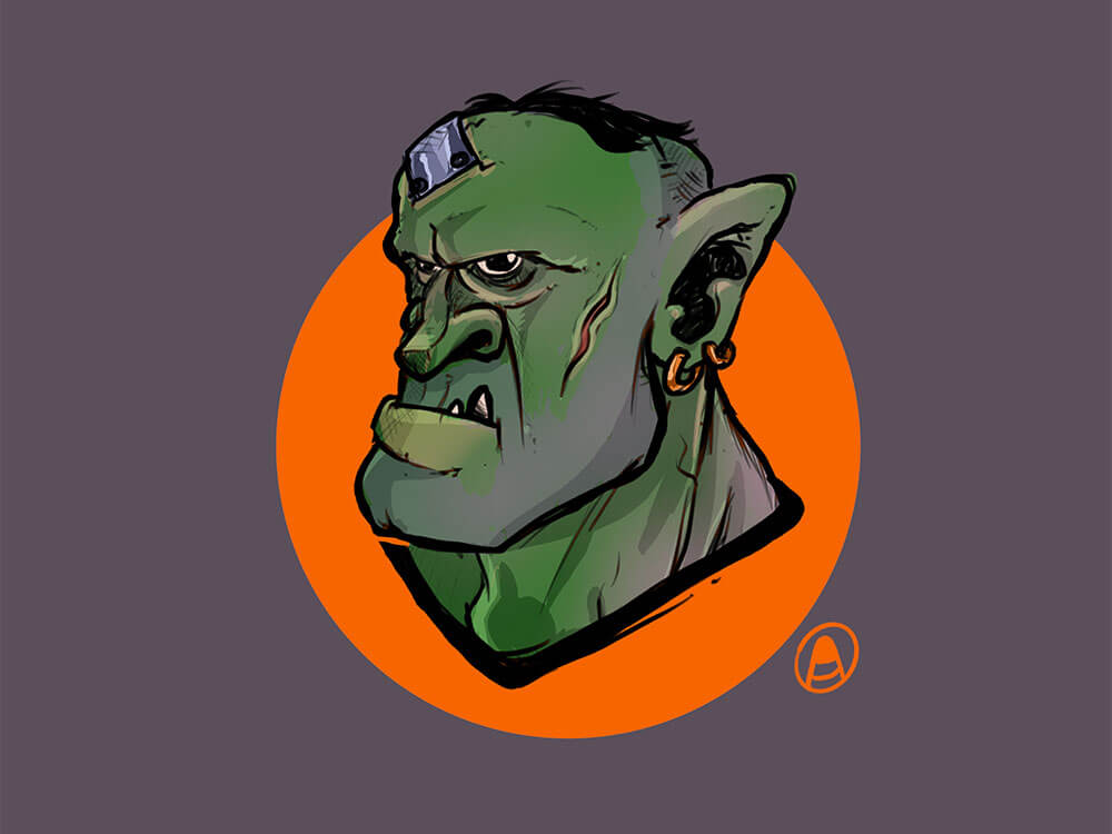 A 3/4 view bust of an Ork, but with a modern twist. He is scowling, almost pouting skin green wit purple, red, orange and red hues adding warmth and depth.