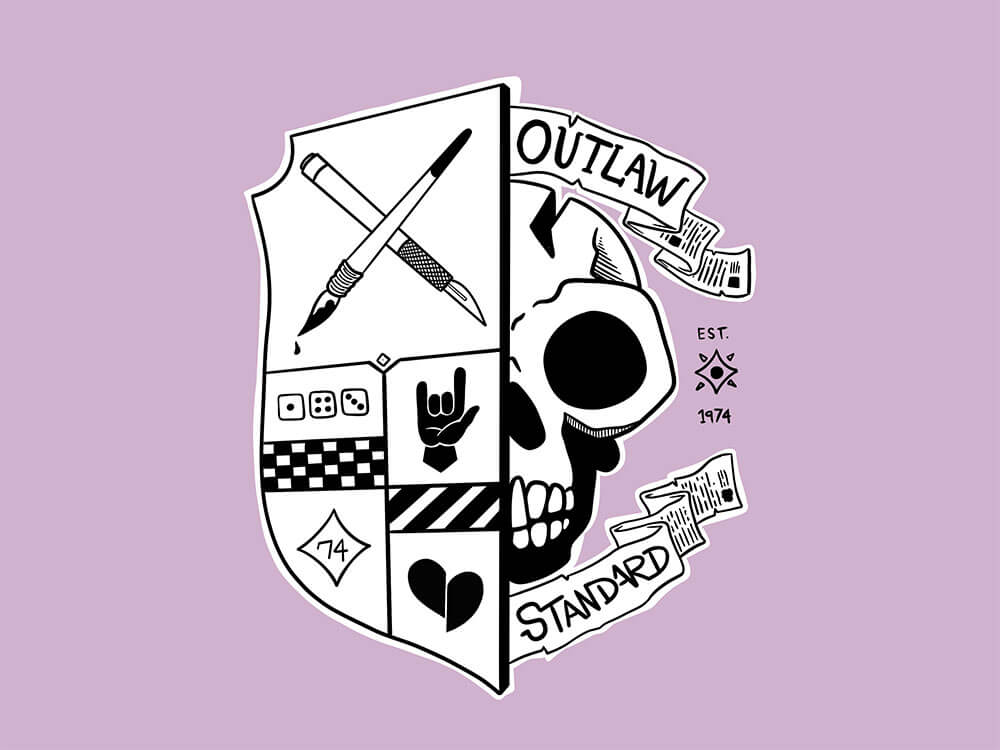 Light lavender background with a coat of arms logo mark for the Outlaw Standard in black and white. Half a shield on the left, and half a skull on the right. banners above and below the skulls with the text Outlaw on the top banner, and Standard on the bottom banner. On the shield there are 7 segments with representational iconography. In the top half is a crossed paint brush and hobby knife. In the bottom half there are 6 segments. Top left: 3D6 with the numbers 1 4 and 3 going left to right; Top right: An I Love You hand sign in the style of the Imperial Fists; Middle left: is a checked pattern; Middle right: is a hazard stripe pattern; Bottom left: is a diamond with the number 74; Bottom right: is a split heart with the halves offset vertically.